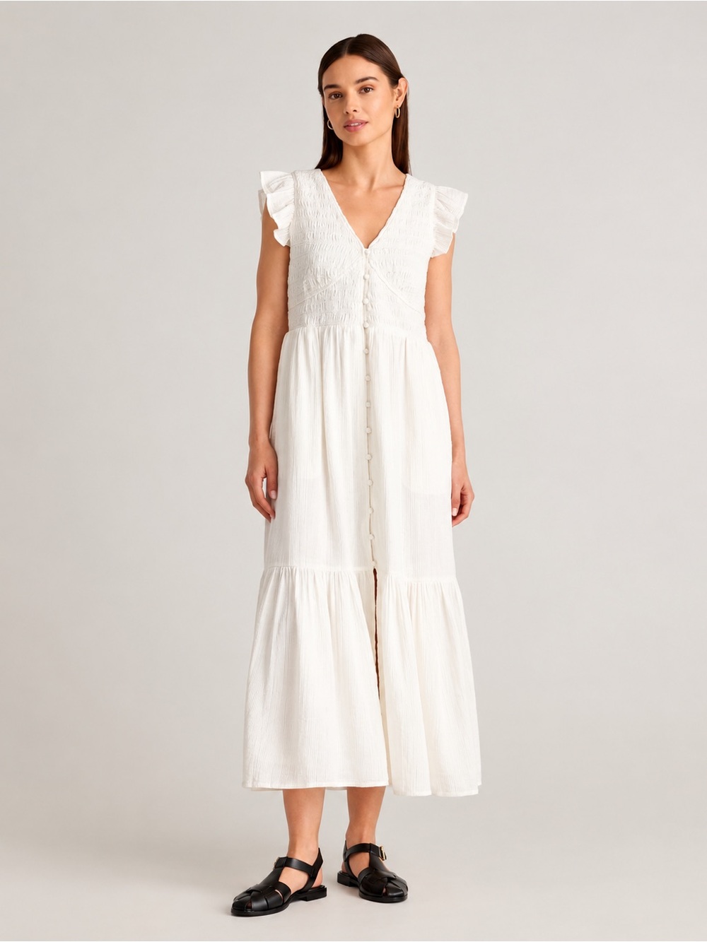 Quince White V-Neck Button-Front Maxi Dress with Ruffle Sleeves